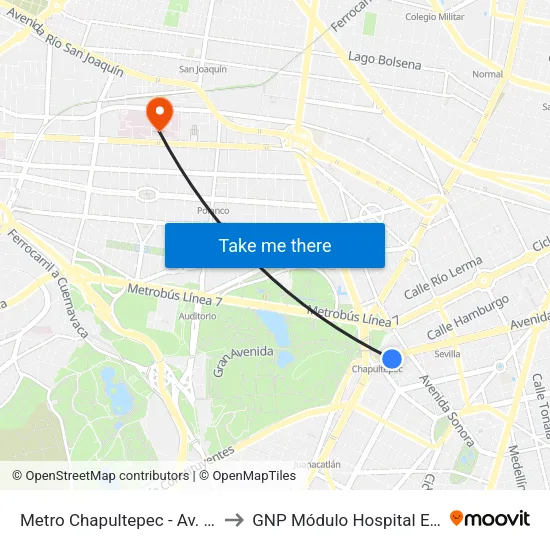 Metro Chapultepec - Av. Sonora to GNP Módulo Hospital Español map