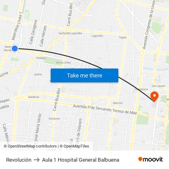 Revolución to Aula 1 Hospital General Balbuena map