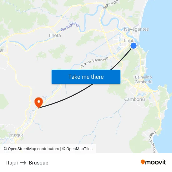Itajaí to Brusque map