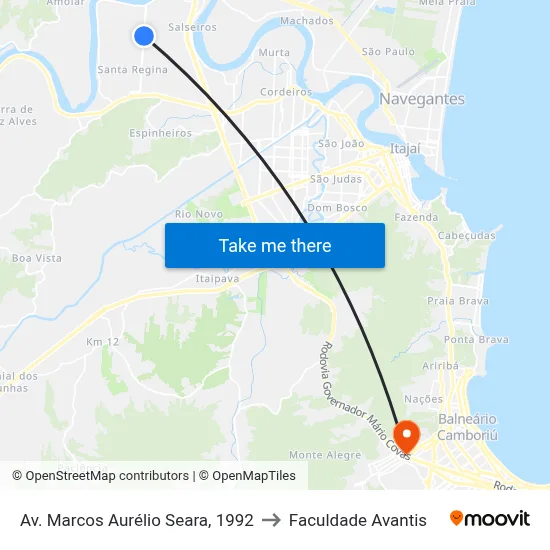Av. Marcos Aurélio Seara, 1992 to Faculdade Avantis map
