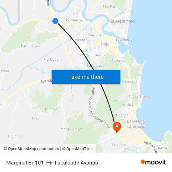 Marginal Br-101 to Faculdade Avantis map