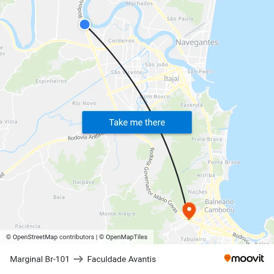 Marginal Br-101 to Faculdade Avantis map
