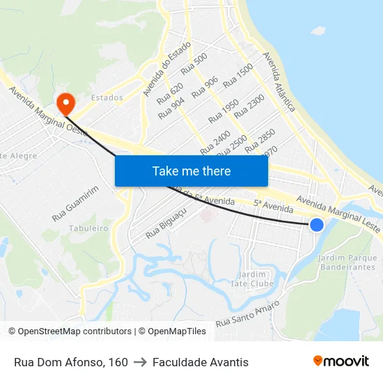 Rua Dom Afonso, 160 to Faculdade Avantis map