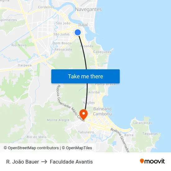 R. João Bauer to Faculdade Avantis map