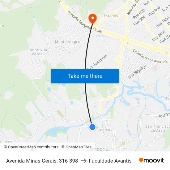 Avenida Minas Gerais, 316-398 to Faculdade Avantis map