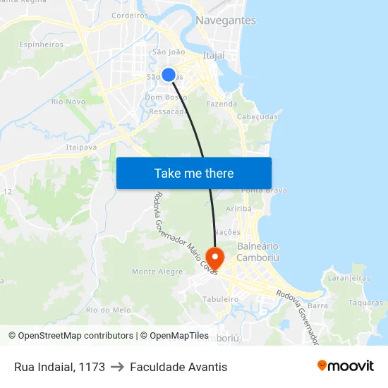 Rua Indaial, 1173 to Faculdade Avantis map