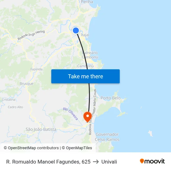 R. Romualdo Manoel Fagundes, 625 to Univali map