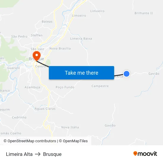 Limeira Alta to Brusque map