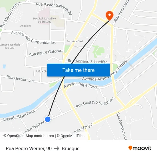 Rua Pedro Werner, 90 to Brusque map