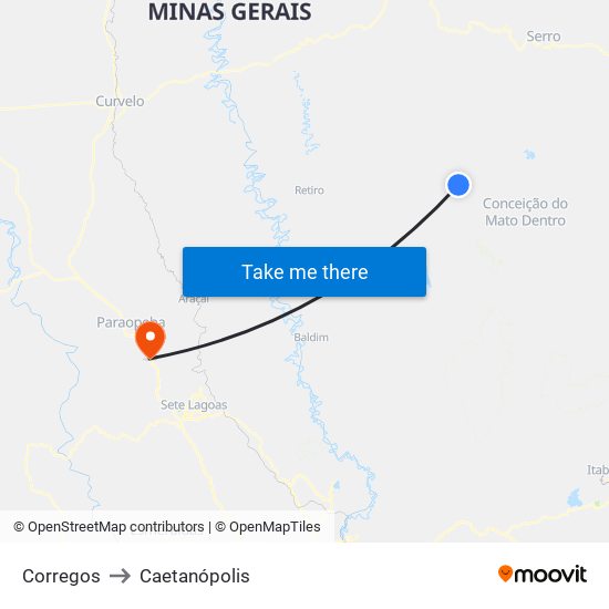 Corregos to Caetanópolis map