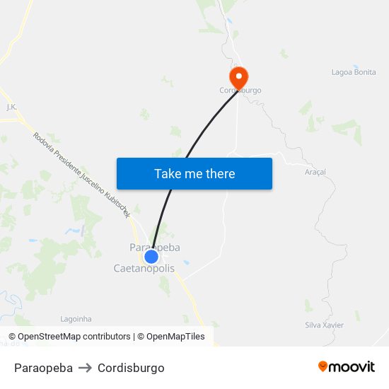 Paraopeba to Cordisburgo map