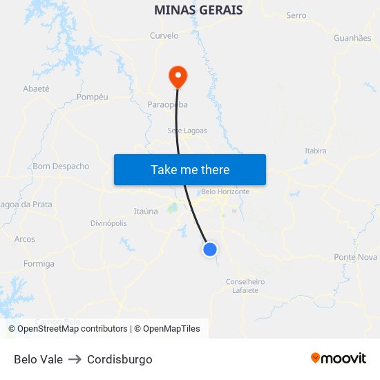 Belo Vale to Cordisburgo map