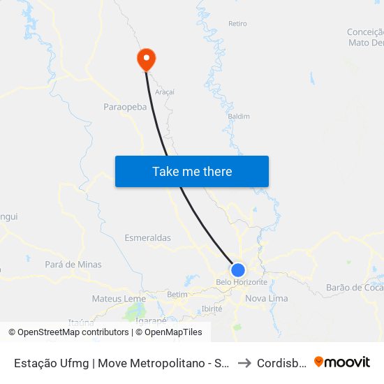 Estação Ufmg | Move Metropolitano - Sentido Centro to Cordisburgo map