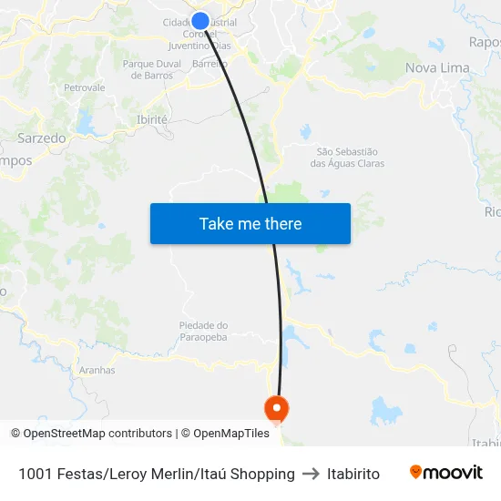1001 Festas/Leroy Merlin/Itaú Shopping to Itabirito map