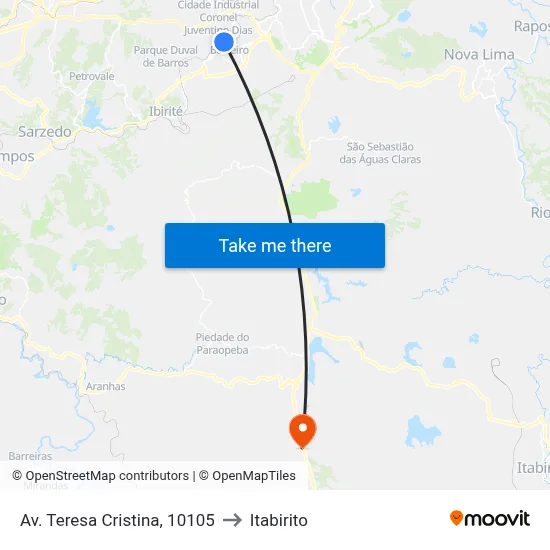 Av. Teresa Cristina, 10105 to Itabirito map
