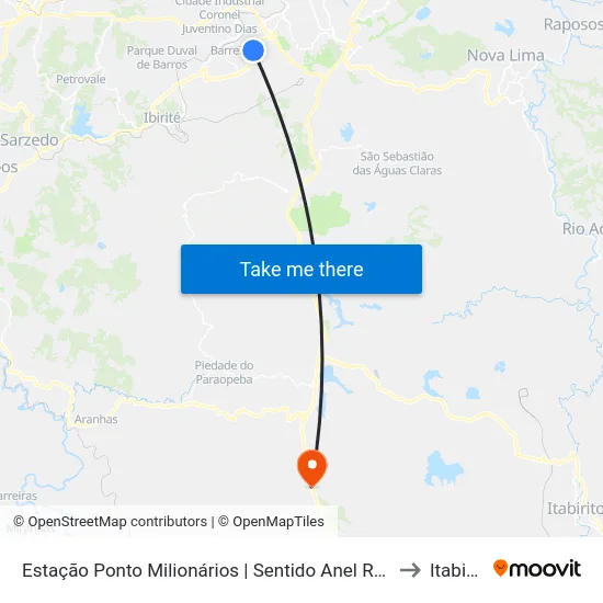 Estação Ponto Milionários | Sentido Anel Rodoviário to Itabirito map