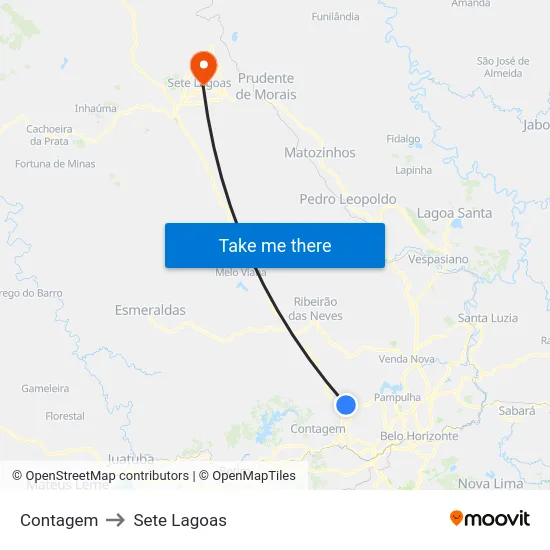 Contagem to Sete Lagoas map