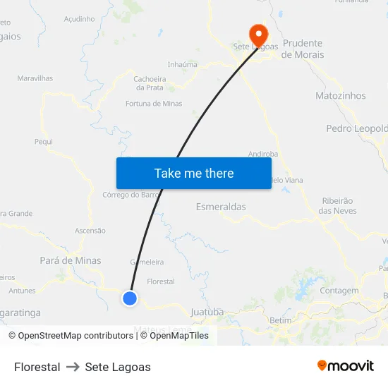 Florestal to Sete Lagoas map
