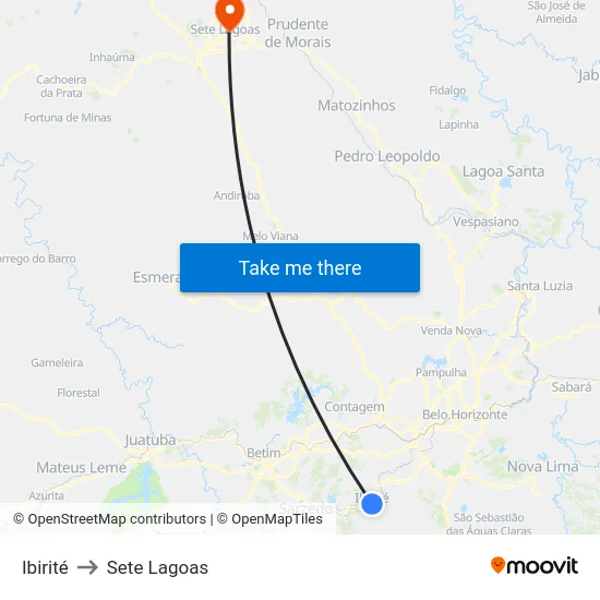 Ibirité to Sete Lagoas map
