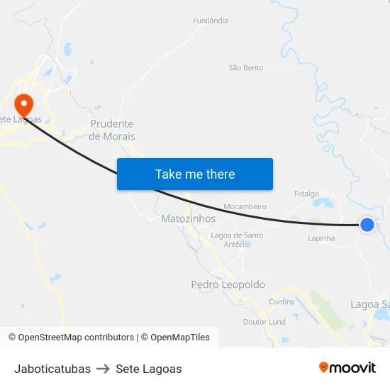 Jaboticatubas to Sete Lagoas map