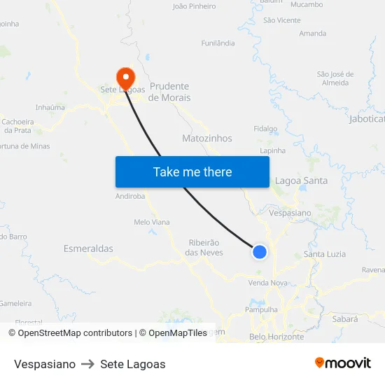 Vespasiano to Sete Lagoas map