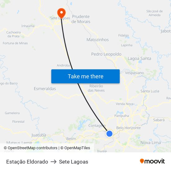 Estação Eldorado to Sete Lagoas map