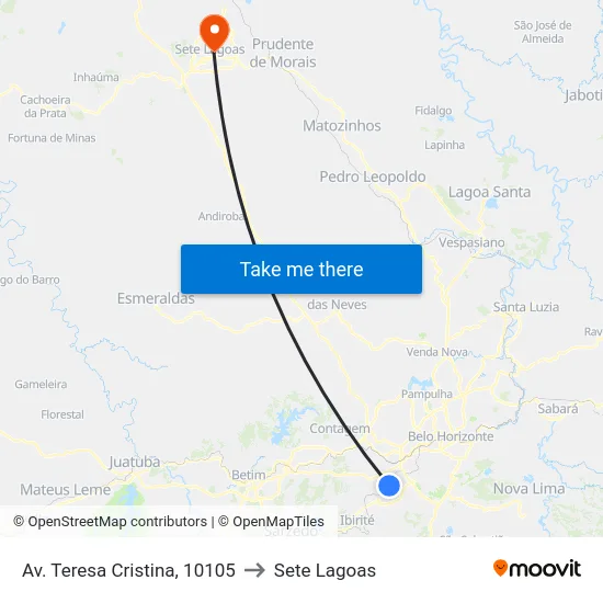Av. Teresa Cristina, 10105 to Sete Lagoas map