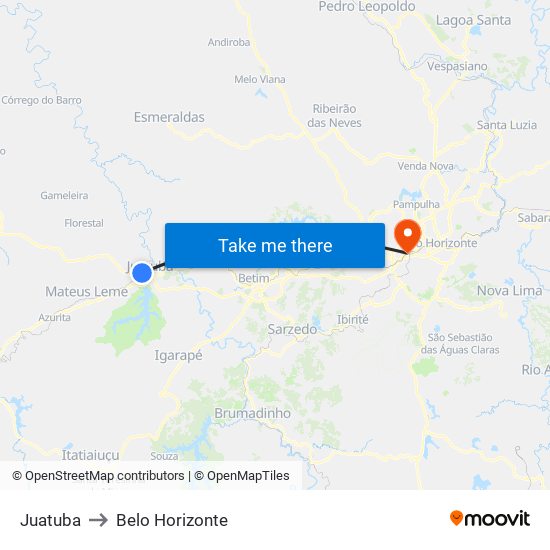 Juatuba to Belo Horizonte map