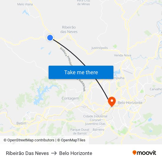 Ribeirão Das Neves to Belo Horizonte map