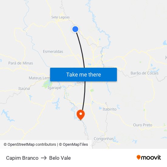 Capim Branco to Belo Vale map