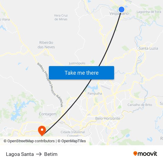 Lagoa Santa to Betim map