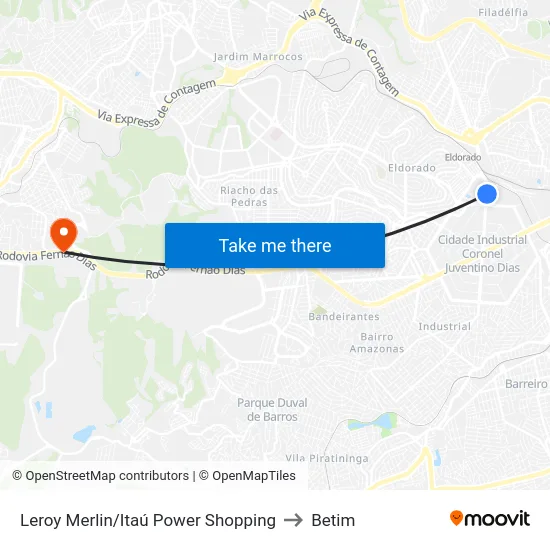 Leroy Merlin/Itaú Power Shopping to Betim map