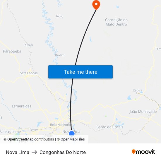Nova Lima to Congonhas Do Norte map