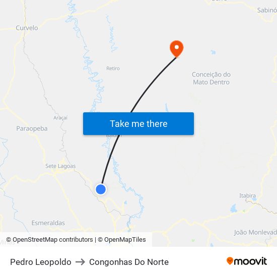 Pedro Leopoldo to Congonhas Do Norte map