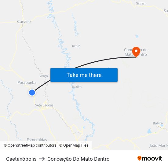 Caetanópolis to Conceição Do Mato Dentro map