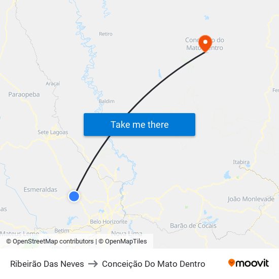 Ribeirão Das Neves to Conceição Do Mato Dentro map