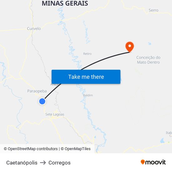 Caetanópolis to Corregos map