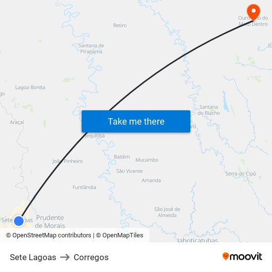 Sete Lagoas to Corregos map