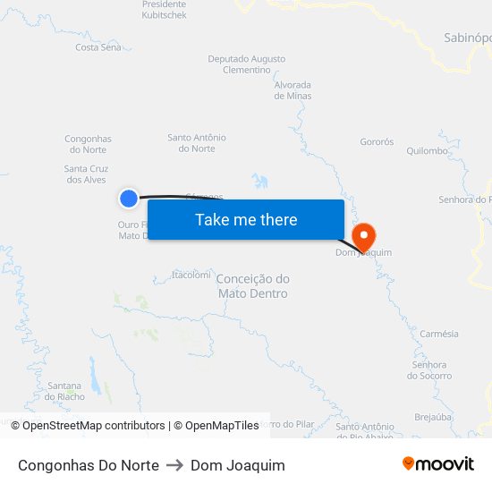 Congonhas Do Norte to Dom Joaquim map