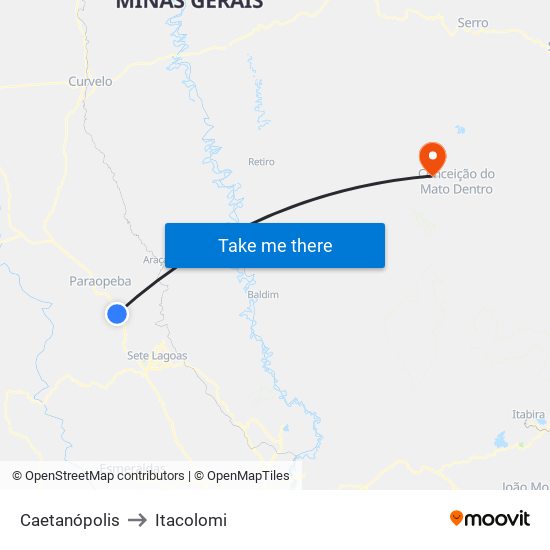 Caetanópolis to Itacolomi map