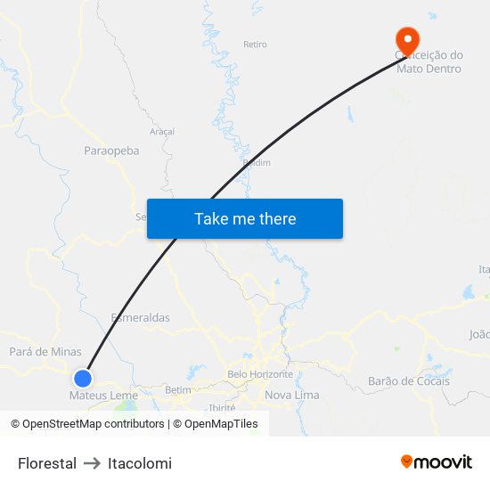 Florestal to Itacolomi map