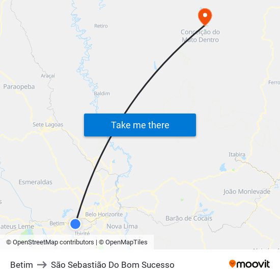 Betim to São Sebastião Do Bom Sucesso map