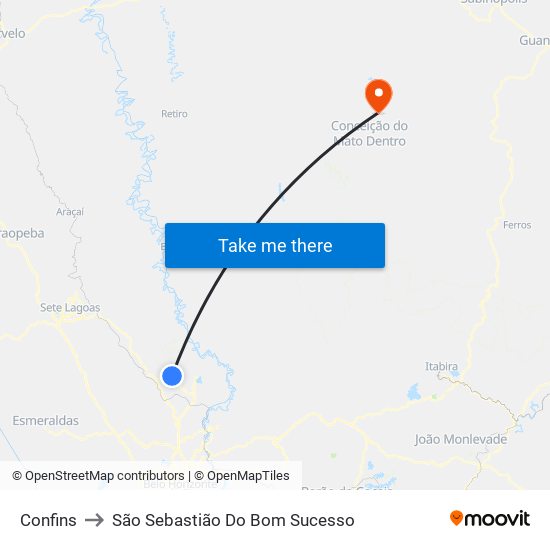 Confins to São Sebastião Do Bom Sucesso map