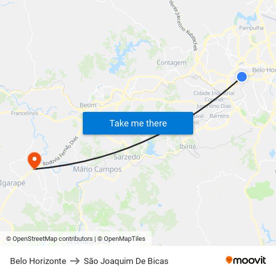 Belo Horizonte to São Joaquim De Bicas map