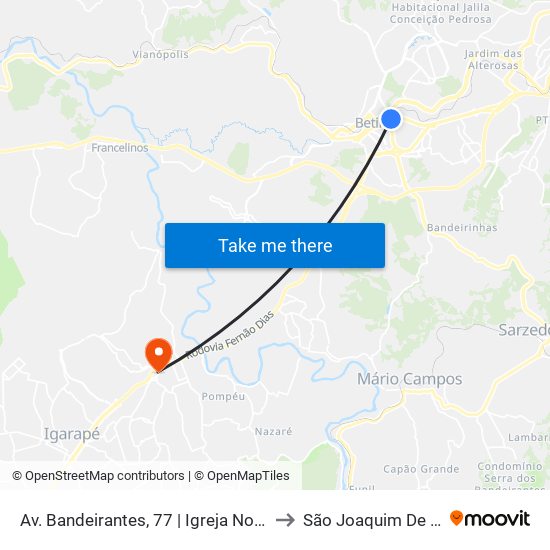Av. Bandeirantes, 77 | Igreja Nova Canaã to São Joaquim De Bicas map