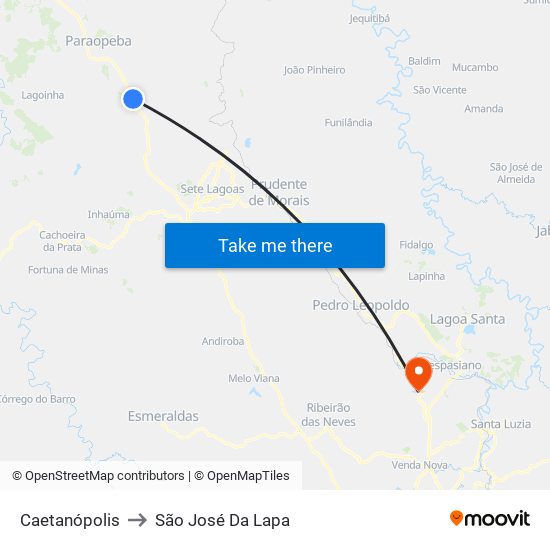 Caetanópolis to São José Da Lapa map