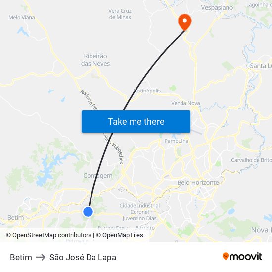 Betim to São José Da Lapa map