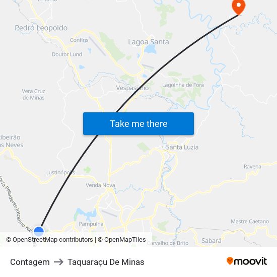 Contagem to Taquaraçu De Minas map