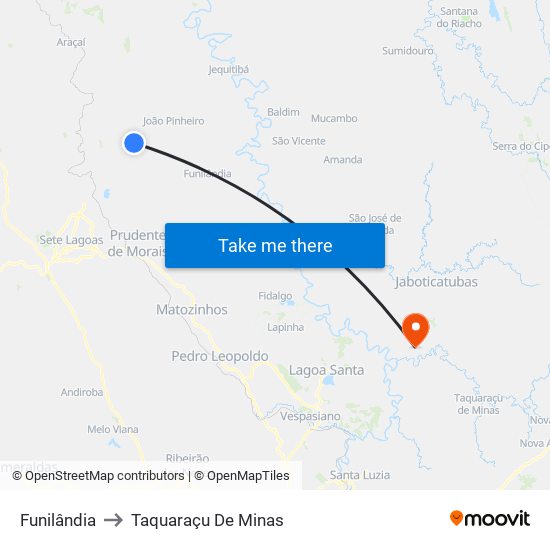 Funilândia to Taquaraçu De Minas map