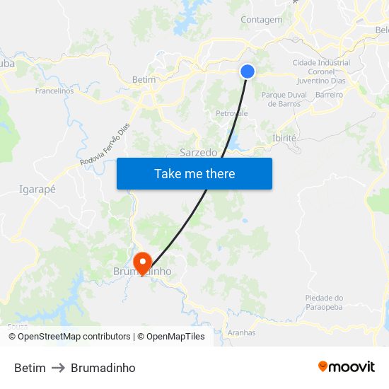 Betim to Brumadinho map